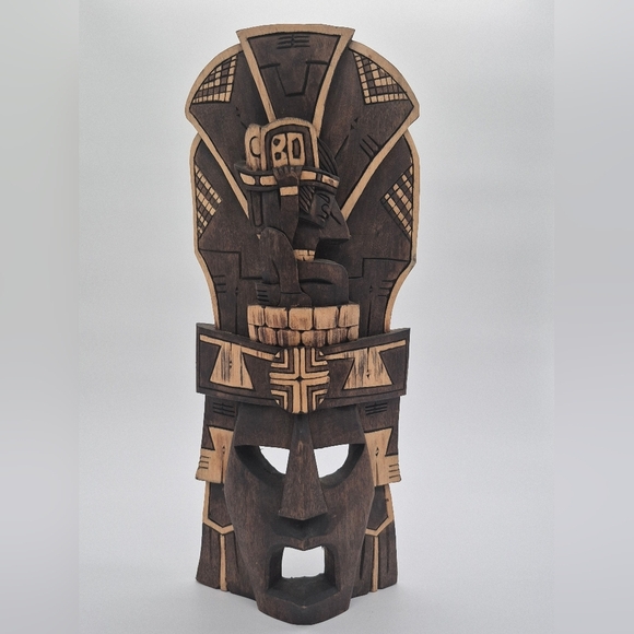 Mayan Aztec Warrior Wood Carved Face Mask 1 Piece Handmade Two Tone Construction - Picture 1 of 11